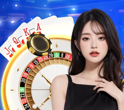 Live dealer beside a roulette wheel and playing cards